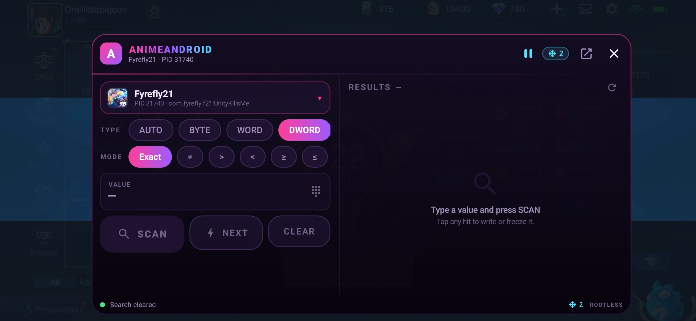 AnimeAndroid in-game panel floating over a running game, showing the process tile, type and mode chips, value field and the SCAN, NEXT and CLEAR buttons.